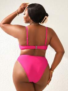 Slaydiva Setelan Baju Renang Bikini Dua Potong Seksi Modis Warna Polos untuk Wanita Ukuran Plus di Pantai Musim Panas - Hot Pink - View 2