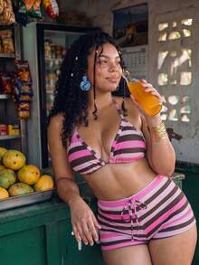 Swim Mod Plus Size Striped Swimsuit Set For Vacation And Beach - Hot Pink - View 1