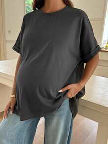 Dazy Maternity Solid Color Patchwork Back Button Design Front Short Back Long Spring Summer Short Sleeve Maternity T-Shirt - Dark Grey - View 1