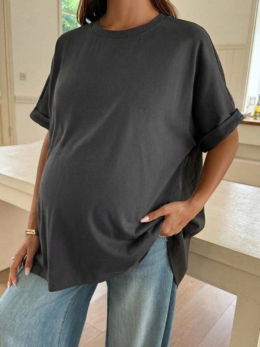 Dazy Maternity Solid Color Patchwork Back Button Design Front Short Back Long Spring Summer Short Sleeve Maternity T-Shirt - Dark Grey - View 1