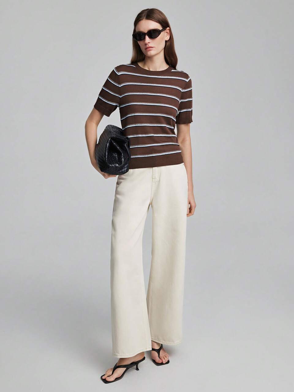 Women's Coffee Brown & Blue Striped Comfortable Skin-Friendly Premium Fabric Fitted Round Neck Regular Shoulder Short Sleeve Waist Metal Buckle Decor Knit Top, Modern Vacation Beach Bohemian Style, Country Music Concert Western Style, Casual Fashion Low-Key Old Money Aesthetic, Cruise Wear, Minimalist Luxury Texture, Essential Outfit, Fashion Business Casual