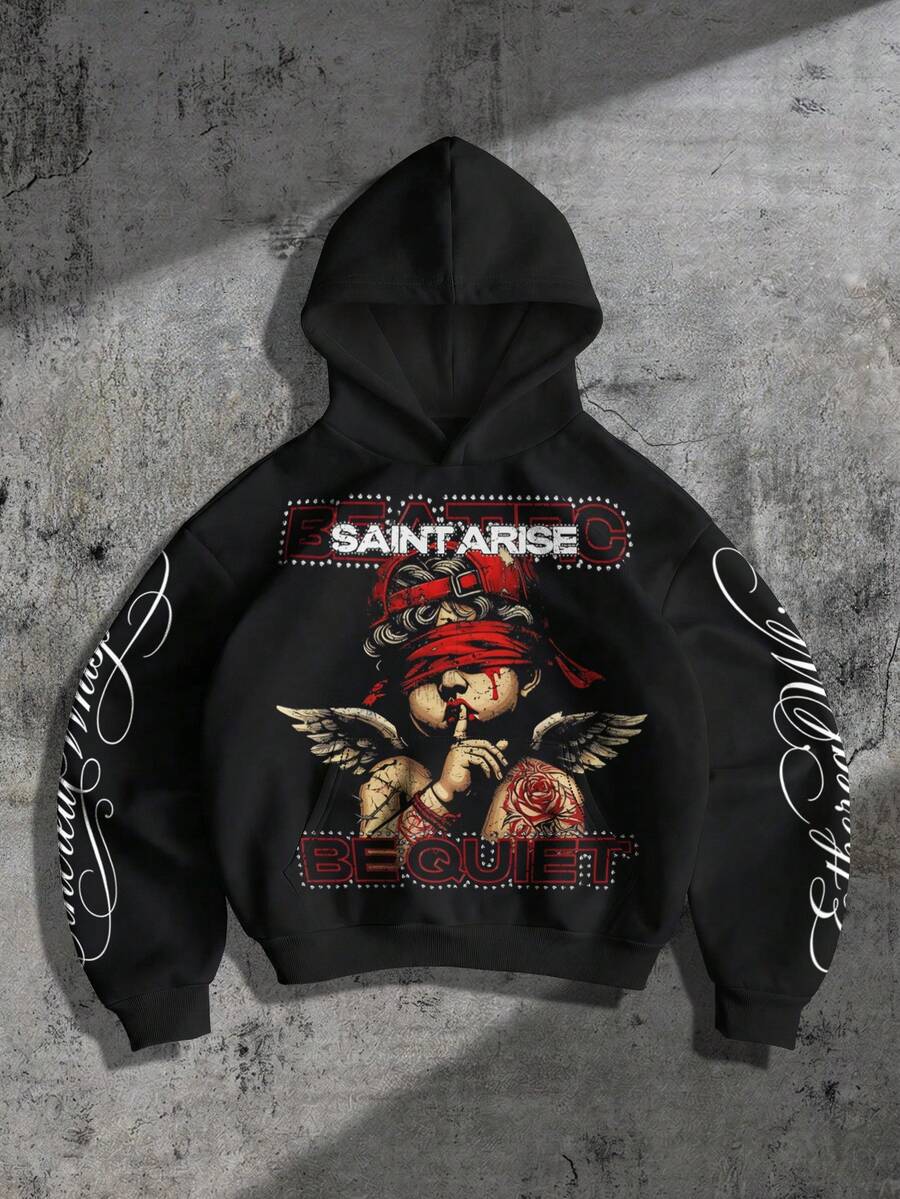 ROMWE MEN Sudadera con capucha con estampado de ángel para hombre - Negro - Ver 1