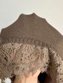 Serisse Women's Elegant Lace Patchwork Stand Collar Short Sleeve Knit Top Autumn Winter Layering Slim Fit Knitted Shirt - Brown - View 9