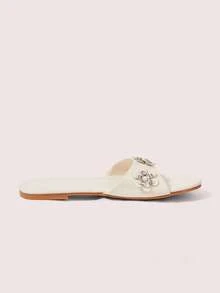 CUCCOO DOLLMOD Off-White, Metallic Pearl Flower Decoration, Flat-Bottomed Sandals, Women's Fresh And Sweet Style Outside Slippers - Apricot - View 5
