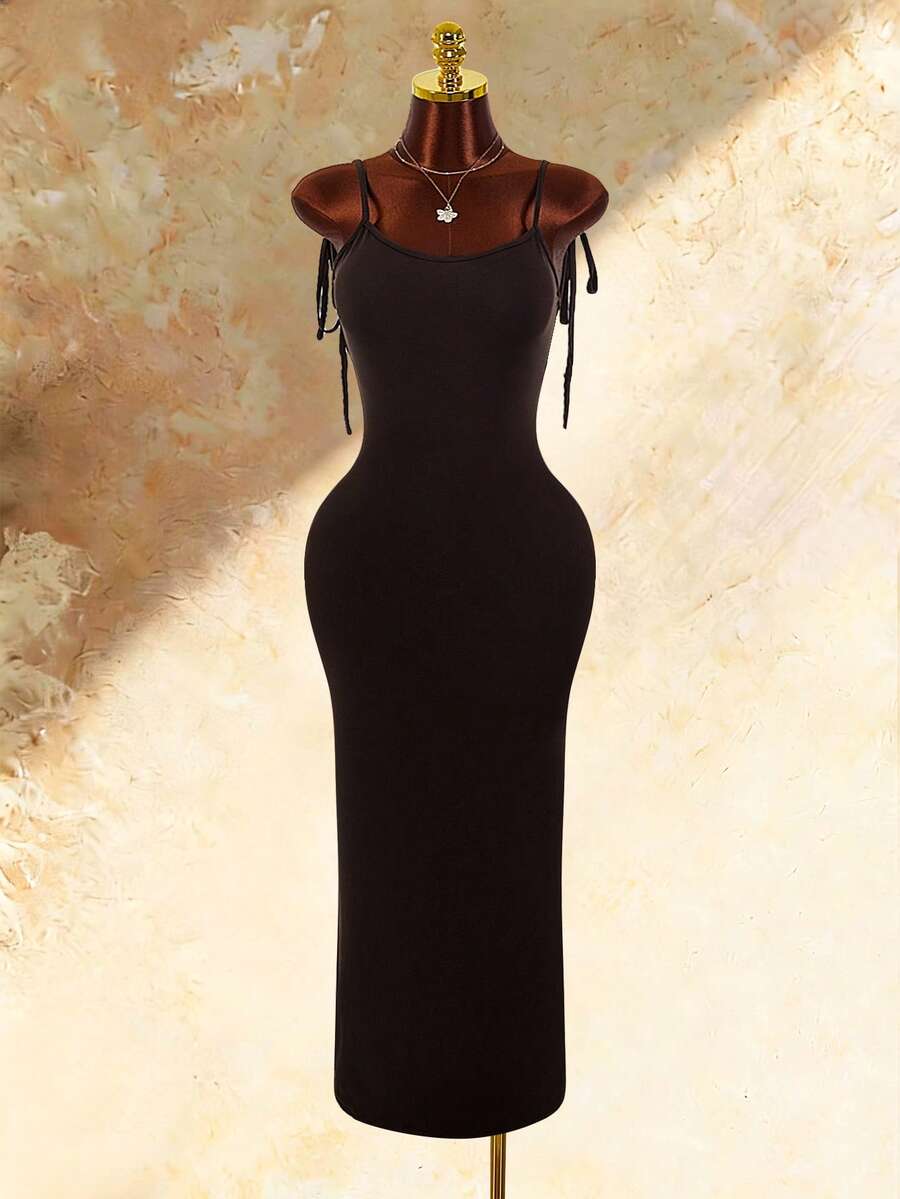 Amplova Vestido maxi ajustado con escote cuadrado, tirantes finos, lazo, espalda descubierta, fruncido y abertura alta - Marrón - Ver 1