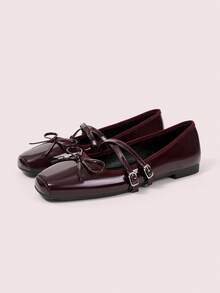CUCCOO DOLLMOD Women's Ballet Flats, Crossed Bow Square Toe Flat Bottom Low Heel French Retro Glossy Mary Jane Shoes Commuter Dating Versatile Shoes Fall Shoes - Burgundy - View 2