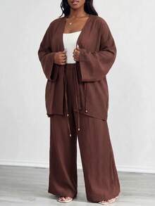 SHEIN PETITE CURVE 大尺碼女款素色綁帶上衣與寬腿褲休閒日常兩件套 - 棕色 - 查看 5