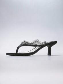 SHUZIA Women's Contrast Lace Fashion Elegant High Heel Slide Sandals - Black - View 6