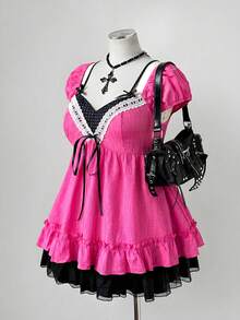 Sunspun Blusa elegante de talla grande con patchwork de gasa, estampado de lunares y decoración de lazo - Rosa Fucsia - Ver 7