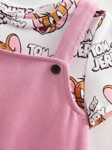 TOM & JERRY X SHEIN 女嬰卡通印花圓領短袖T恤與吊帶裙休閒日常套裝 - 粉色 - 查看 4