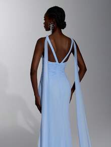 Elitara Elegant Formal Light Blue Chiffon Backless Halter Neck Ribbon Decoration Rhinestone Mermaid Skirt Party Night Evening Wedding Guest Dress Winter - Baby Blue - View 8
