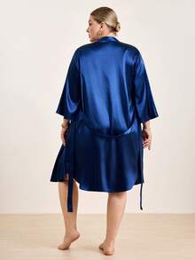 Hourtrue Plus Size Elegant Solid Color Arc Design Faux Silk Robe Luxe Loungewear, For Fall, Winter - Royal Blue - View 2