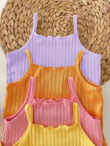 SHEIN Kids Young Girl Solid Color Ribbed Camisole And Shorts Set Orange Summer Pcs - Multicolor - View 7