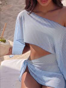 Swim Vcay Conjunto de 2 piezas de traje de baño con estampado floral blanco y negro estilo vacacional de manga larga para mujer - Azul y blanco - Ver 6
