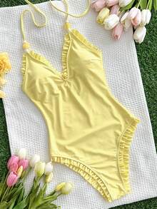 Swim Oasis 女童特製布料黃色蕾絲掛脖式連身泳衣 - 黃色 - 查看 4