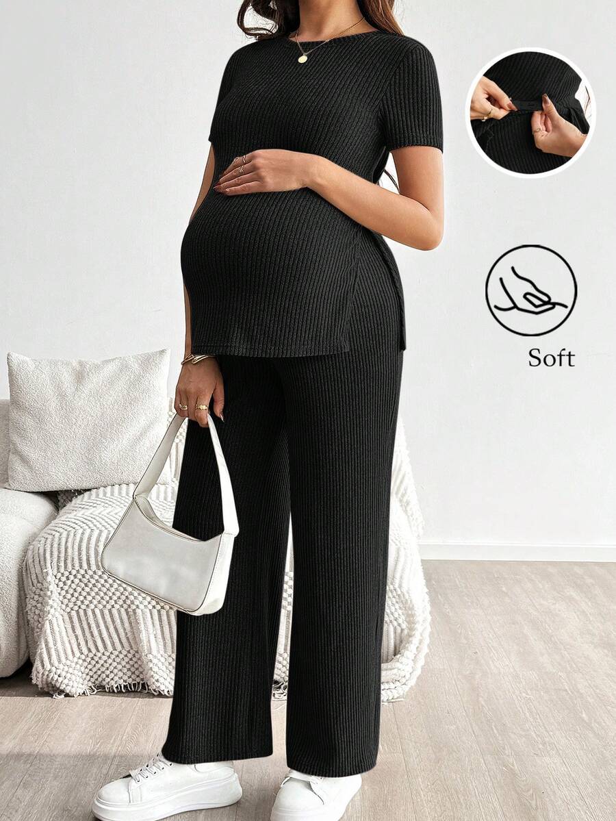 SHEIN 孕婦純色圓領側開衩T恤與可調腰圍長褲休閒兩件套 - 黑色 - 查看 1