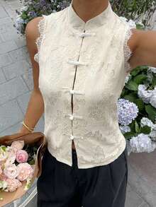 Serisse Women's Elegant 70s French Blouse With Frog Button Design And Contrast Lace, Beige Stand Collar Chinese Style Sleeveless Shirt, High Tea Party Summer - Beige - View 10