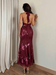 Allurite Damen langes Paillettenkleid mit Neckholder, langes Pailletten-Meerjungfrau-Abendkleid, formelles Partykleid, Hochzeitskleid, Ballkleid, Hochzeitsgast, Abschlussfeier, Feiertagsparty-Kleid, Abendessen - Bordeaux - Übersicht 1