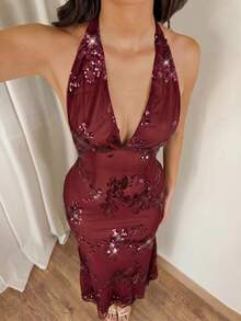 Allurite Damen langes Paillettenkleid mit Neckholder, langes Pailletten-Meerjungfrau-Abendkleid, formelles Partykleid, Hochzeitskleid, Ballkleid, Hochzeitsgast, Abschlussfeier, Feiertagsparty-Kleid, Abendessen - Bordeaux - Übersicht 10