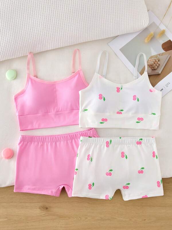 4 piezas/Paquete Bragas tipo Boyshort de estilo camisola cómodas con diseño de cereza de unicolor para niñas