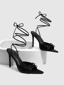 CUCCOO SZL Sandalias de tacón alto de moda para mujer con punta, lazo decorativo y correa negra - Negro - Ver 6