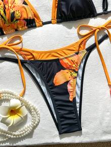 Swim Mod 女款兩件式比基尼泳衣套裝，花卉印花與純色拼接，掛脖繫帶設計，夏季度假海灘穿搭 - 彩色 - 查看 5