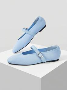 MOTF PREMIUM PU LEATHER BUCKLE MARY JANE FLAT SHOES FOR CHRISTMAS SPRING SHOES - Light blue - View 9