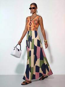 Zivah Neues Sommer Boho Urlaubs-Maxikleid für Damen, locker geschnitten, mehrfarbig mit geometrischem Retro-Muster, Rundhalsausschnitt, ärmellos, A-Linie, geeignet für Alltag, Urlaub, Musikfestivals, Reisen, Strand, Party, Flughafen-Outfits, Brunch-Outfits, Boho, Nomadisch, Casual, Pendeln, Abschlussfeier-Outfit, Country-Konzert-Outfit-Z - Verschiedenfarbig - Übersicht 9