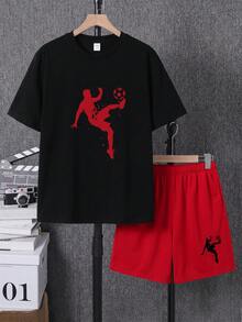 SHEIN 青少年男孩寬鬆街頭風短袖短褲套裝，適合生日派對、晚會 - 彩色 - 查看 4