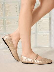 MOTF WOMEN'S QUILTED SQUARE TOE FLAT SHOES FOR CHRISTMAS DAILY WEAR CLASSIC OLD MONEY - Gold - View 6