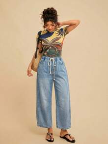 Travachic Women's High-Waisted Loose-Fitting Drawstring Belt Pocket Casual Streetwear Tapered Jeans Cropped Length Light Blue Summer Back-To-School Y2K Travel - Medium Wash - View 5