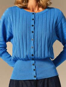 COSMINA Women's Elegant Ribbed Texture Blue Knit Sweater - Royal Blue - View 6