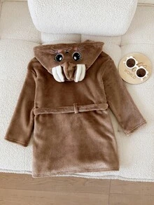 SHEIN 女童卡通刺繡保暖針織雙面刷毛連帽浴袍，適合秋季女孩穿著，毛茸茸冬季睡袍 - 駝色 - 查看 2