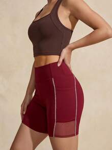 Exploreva Shorts ajustados de capa base para mujer, casuales, versátiles, de uso diario y para exteriores, con diseño de bloques de color - Burdeos - Ver 1