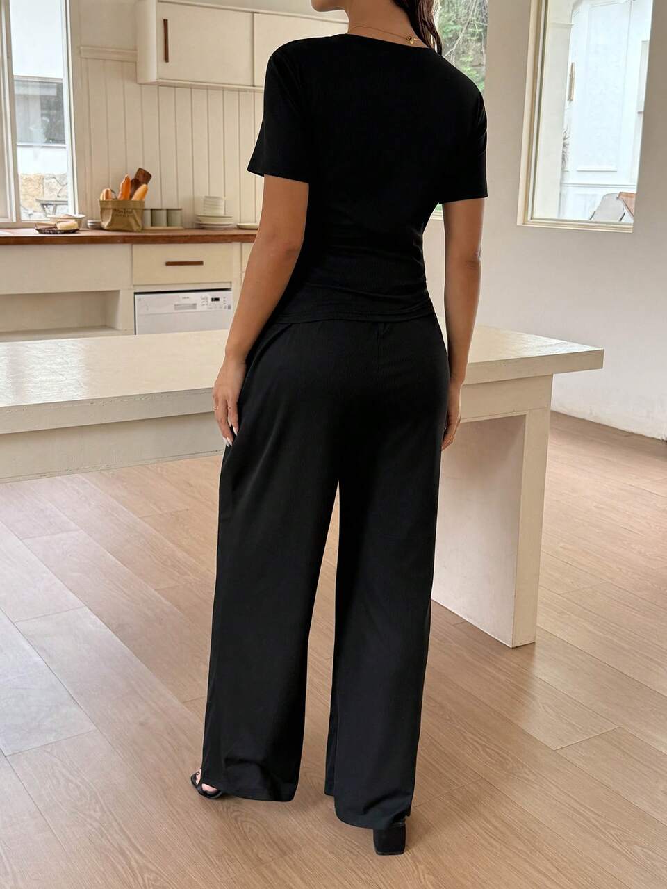 Solid Color Round Neck Slim Fit Top T-Shirt Elastic Waist Adjustable Long Pants Maternity 2 Pieces Set Photoshoot Formal Black Summer Casual