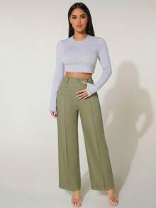 SHEIN PETITE 高腰寬腿夏季長褲 100%純棉，適合嬌小女性 - 軍綠色 - 查看 6