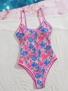 Swim Mod 夏季新款歐美風性感高衩紅色幸運魚印花拼色細肩帶貝殼飾邊小胸聚攏雙肩帶性感連身泳衣，適合女性與女孩，甜美清新顯瘦，適用溫泉、海灘、度假、生日派對 - 彩色 - 查看 4