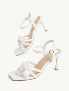 CUCCOO CHICEST Women Shoes Multi-Color Three-Dimensional Flower Square Toe Stiletto Buckle Sandals Gentle Lady Style Spring And Summer Models Suitable For Dating - White A - View 6