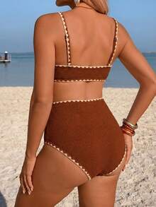 Swim Vcay 26SS Summer Beach Vacation Casual Black Dogtooth Contrast Color Maternity Swimwear Set - Brown - View 2