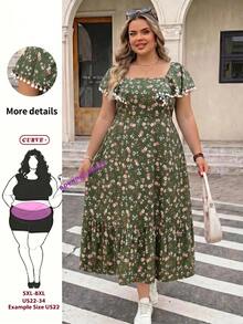 SHEIN CURVE+ 优雅碎花荷叶袖连衣裙，适合大码女性，日常穿着 - 彩色 - 查看 11