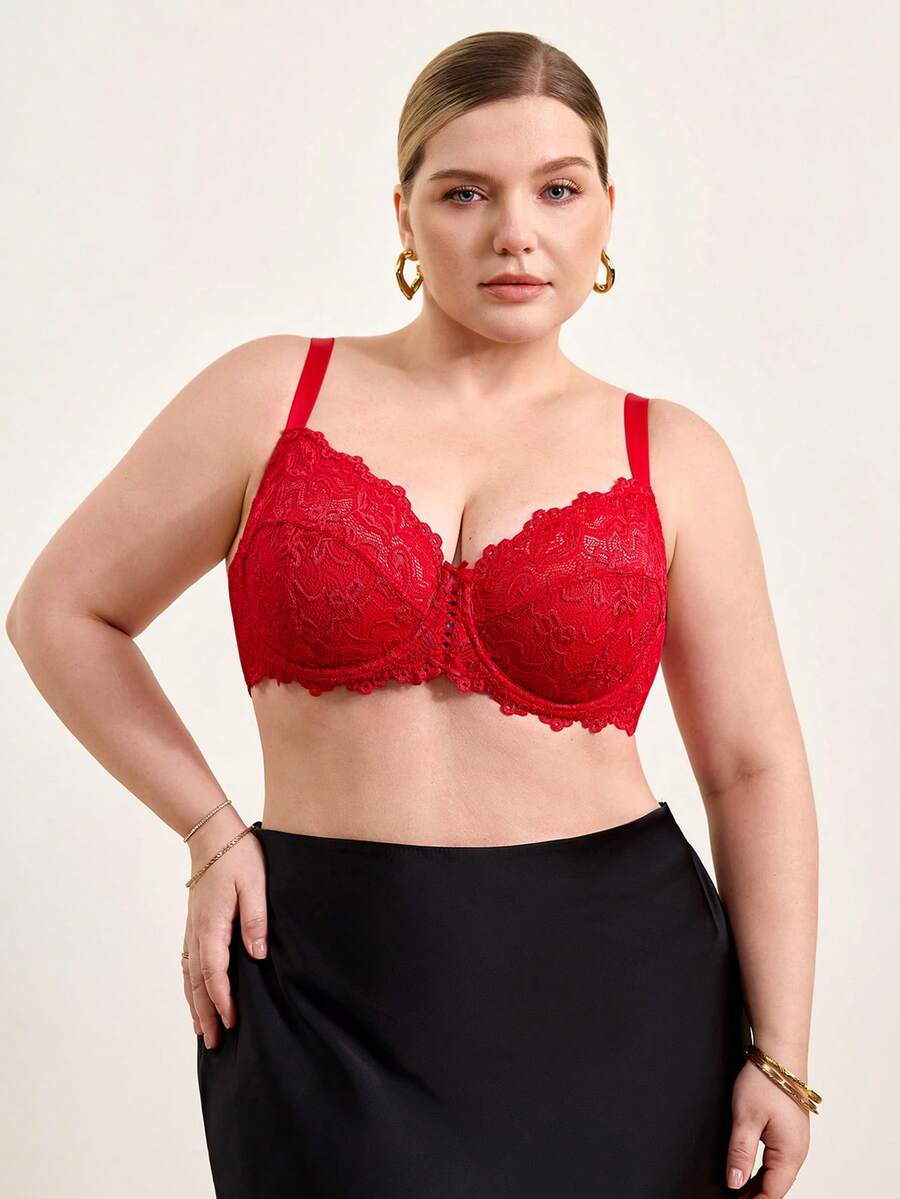 Hourtrue Plus Size Red Lace Bra, Comfortable Full Coverage Unpadded Bra With Front Hollow Tie Design