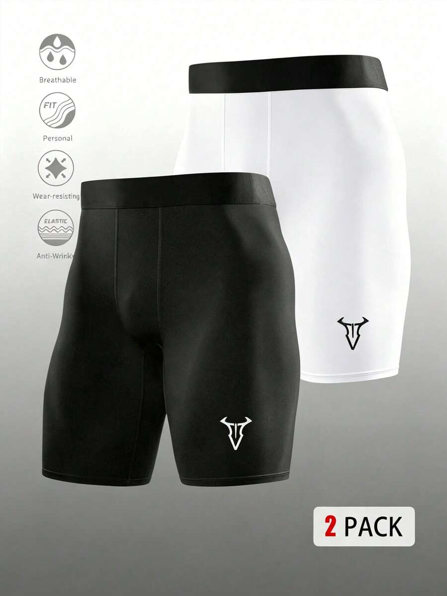 Acti Log Shorts deportivos de capa base ajustados con estampado de patrón de cuernos para hombre, 2 piezas/paquete, para gimnasio - Negro - Ver 1