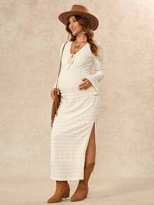 Boho Mama Maternity Front Tie Textured Long Sleeve Side Slit Dress Fall - White - View 8