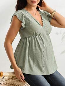 SHEIN 孕婦夏季休閒拼接荷葉邊背心上衣 - 綠色 - 查看 4