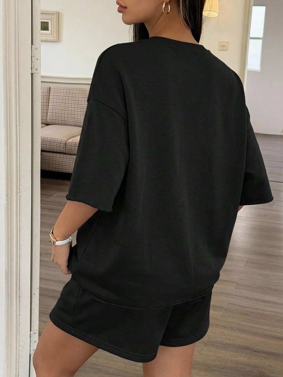 Crew Neck Loose Short Sleeve Top And Elastic Waist Shorts Casual Sports 2 Pieces Set For Maternity