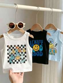 SHEIN Playful Pals 3件組 嬰兒臉部字母印花圓領休閒背心上衣 夏季，男嬰背心上衣，嬰兒夏季背心上衣，嬰兒T恤，男嬰臉部背心上衣，幼兒背心上衣，男嬰上衣 3件組 - 彩色 - 查看 6