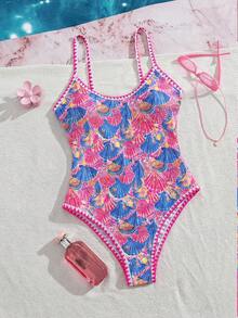 Swim Mod 夏季新款歐美風性感高衩紅色幸運魚印花拼色細肩帶貝殼飾邊小胸聚攏雙肩帶性感連身泳衣，適合女性與女孩，甜美清新顯瘦，適用溫泉、海灘、度假、生日派對 - 彩色 - 查看 3