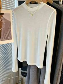 Livesso Women's White Semi-High Neck Long Sleeve Semi-Sheer Solid Color Slim Fit Minimalist All-Match Versatile Base Layer T-Shirt Autumn Everyday - White - View 1