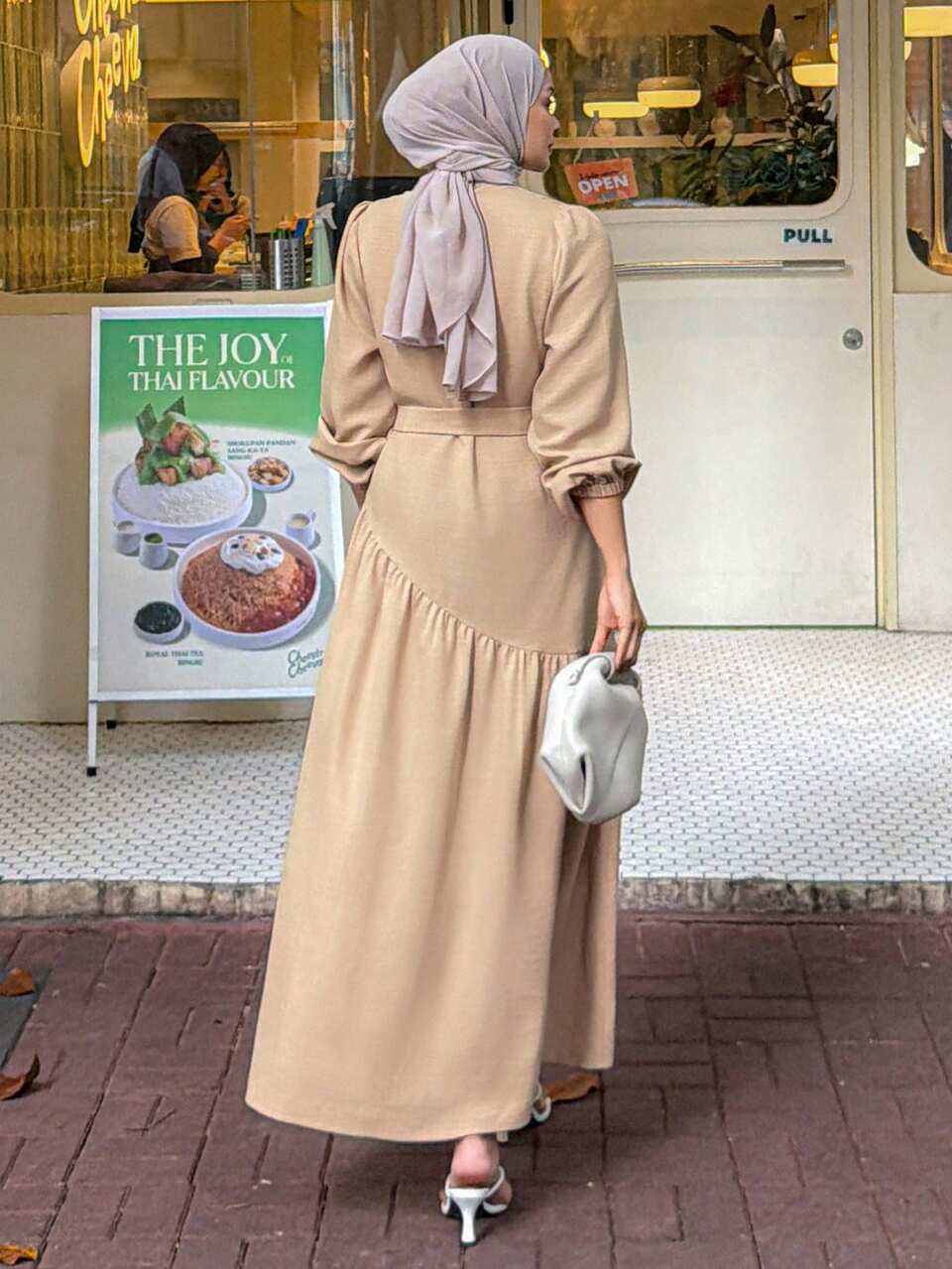 Women's Casual Long Sleeve Lantern Sleeve Khaki Color Cinched Waist Patchwork Hem Loose Fit Long Dress, Summer