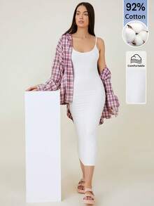 SHEIN BASICS 女款純色休閒極簡日常夏季長版細肩帶洋裝 白色 居家休閒城市度假風 - 白色 - 查看 6
